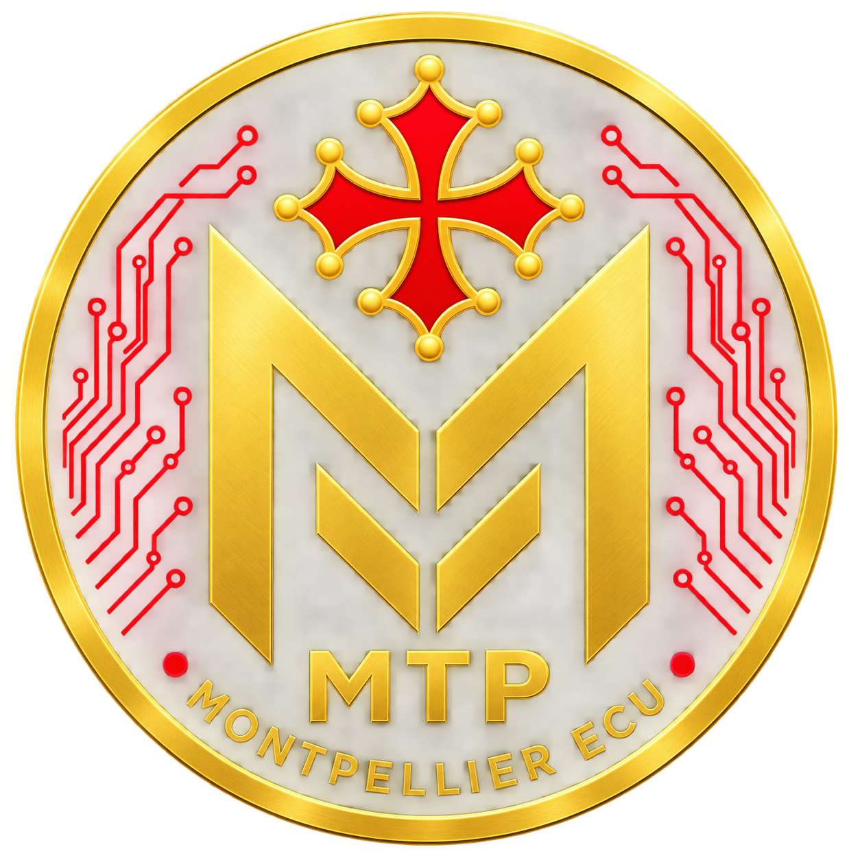 Emblème doré Montpellier ECU avec croix occitane et circuits rouges