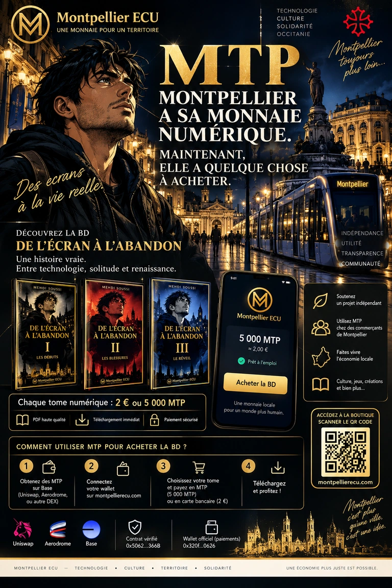 Affiche de campagne Montpellier ECU : personnage de BD, ville illuminée, tramway et prix commercial des tomes.