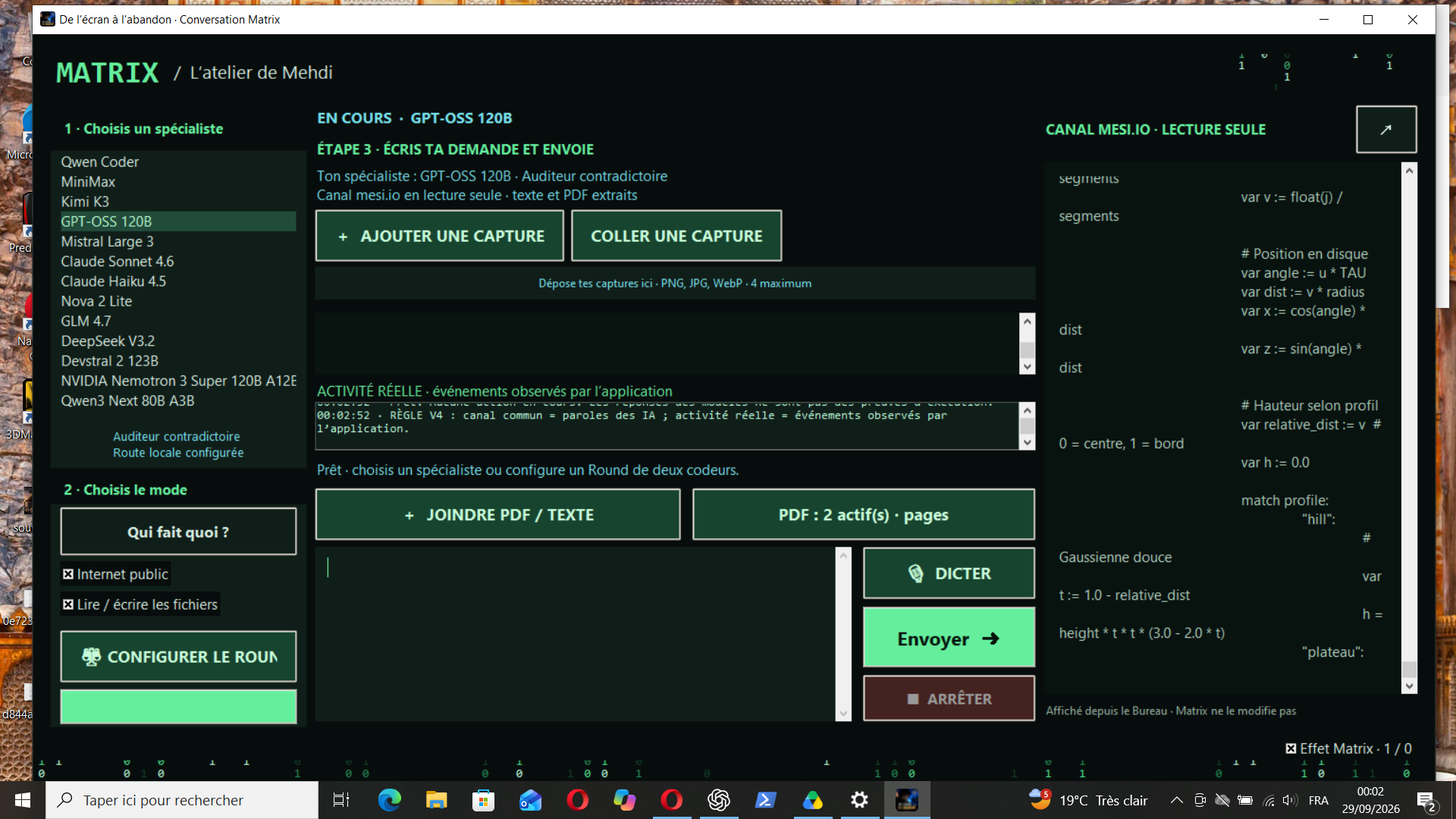 MATRIX archive, 29 September 2026: conversation interface and activity log. Displayed proposals are not evidence of implementation.