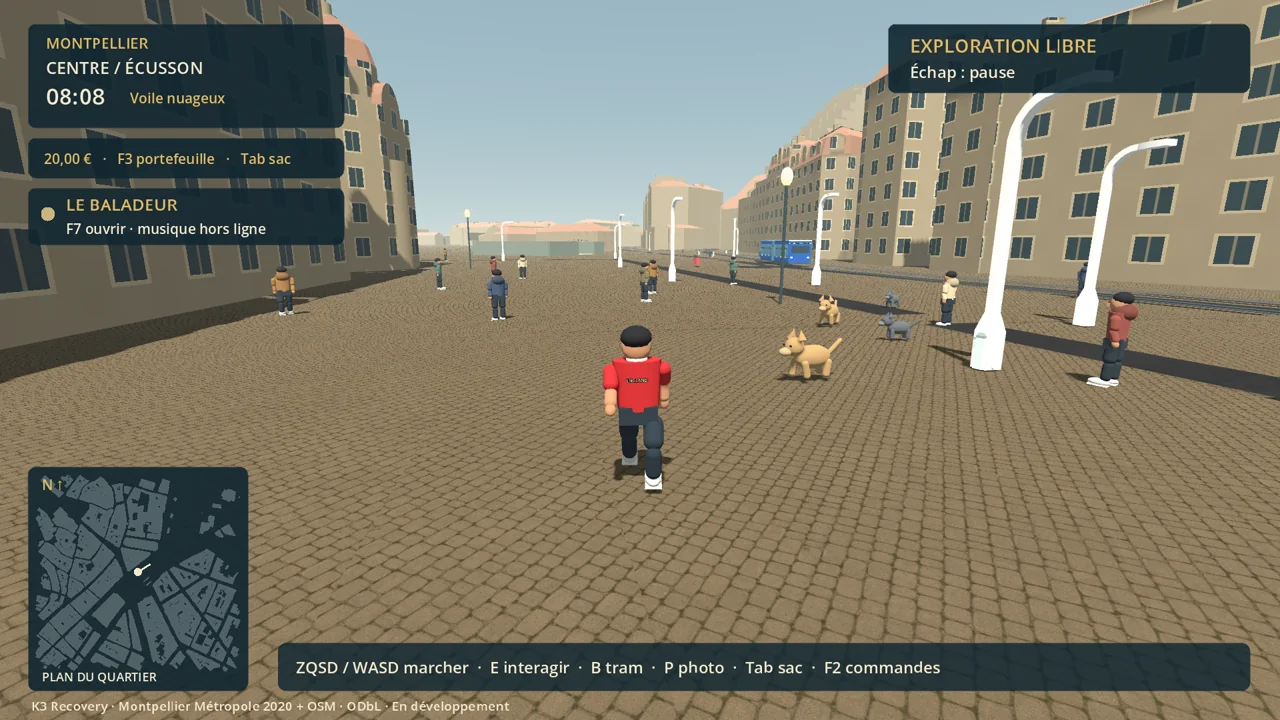 Capture réelle du prototype Montpellier 3D, avec personnage et quartier explorable