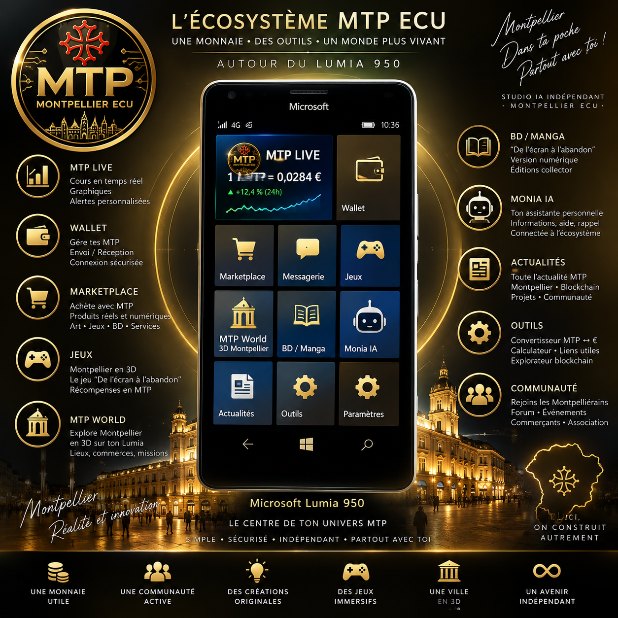 Écosystème MTP ECU autour du Microsoft Lumia 950 : MTP Live, wallet, marketplace, jeux, MTP World, BD, Monia IA et communauté
