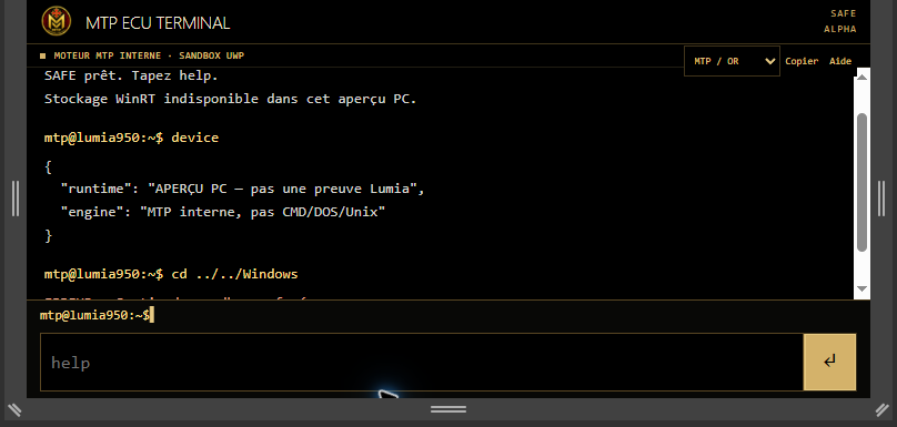 Capture du terminal MTP ECU en interface noire et dorée, affichant un environnement sandbox sur Lumia 950