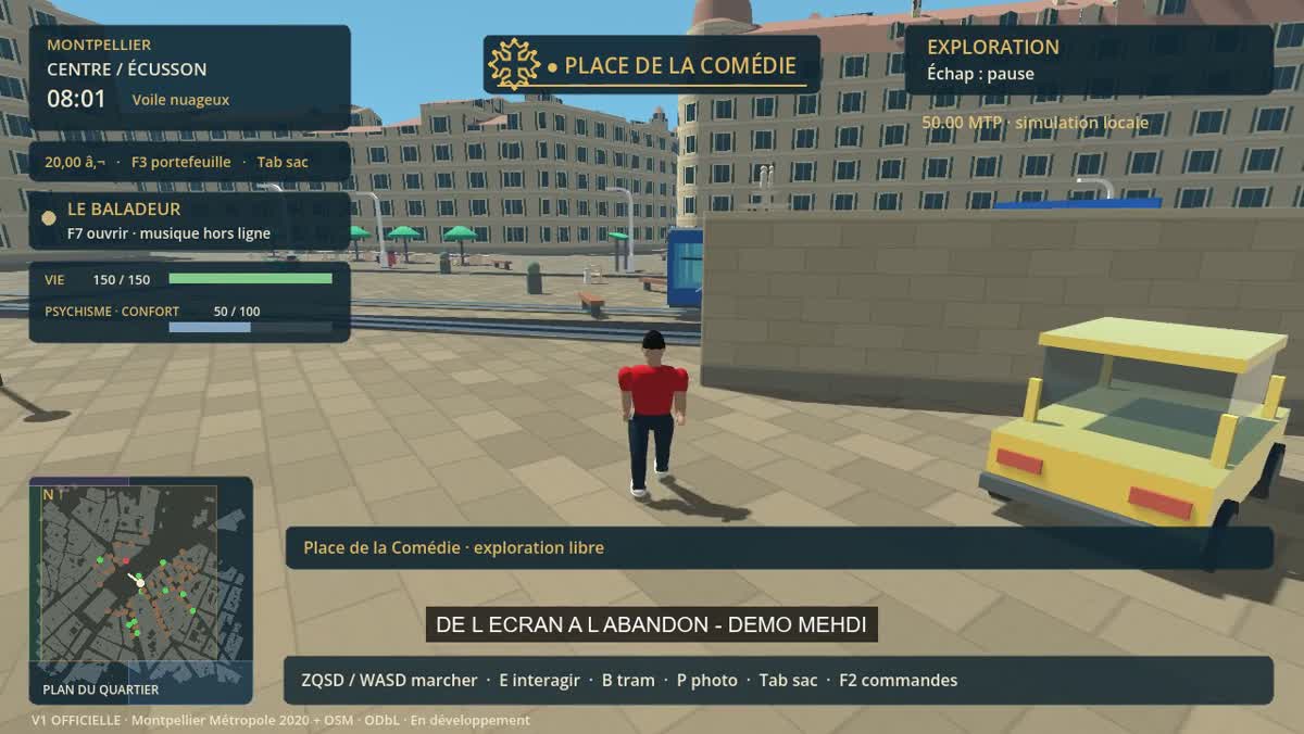 Capture réelle du prototype Godot : personnage sur la Place de la Comédie, tram bleu et interface indiquant un solde MTP en simulation locale.